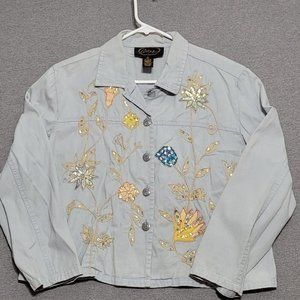 Alex Kim Women's Jacket Size 2X Blue Embroidered Button Up Light Casual